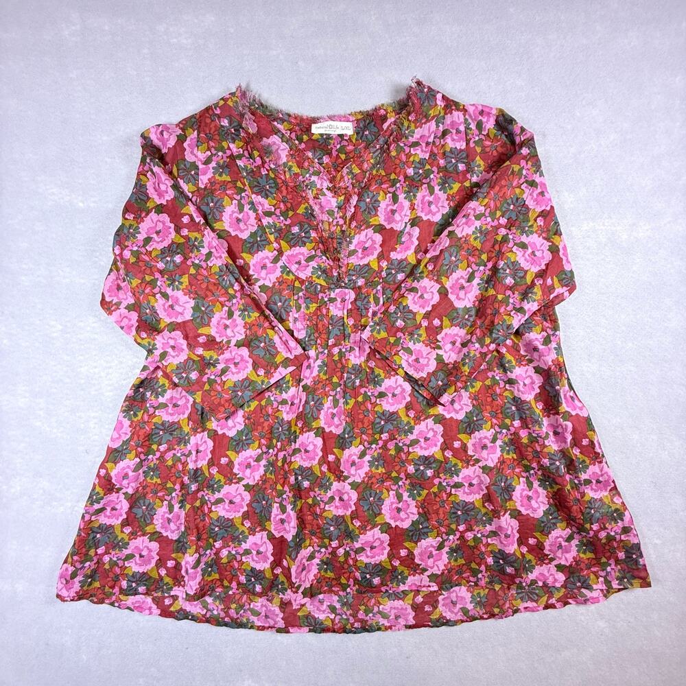 Natural Life floral cotton blouse - burgundy pink gauzy babydoll boho size L/XL